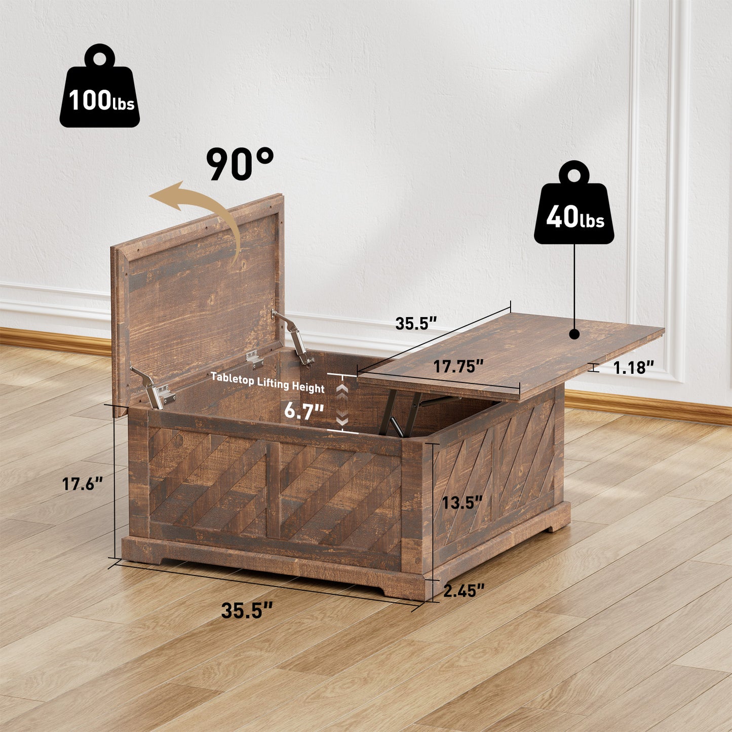 Lift Top Coffee Table, 35"x35" Wood Square Dining Center Table with Storage and Large Hidden Space for Living Room, Vintage Brown