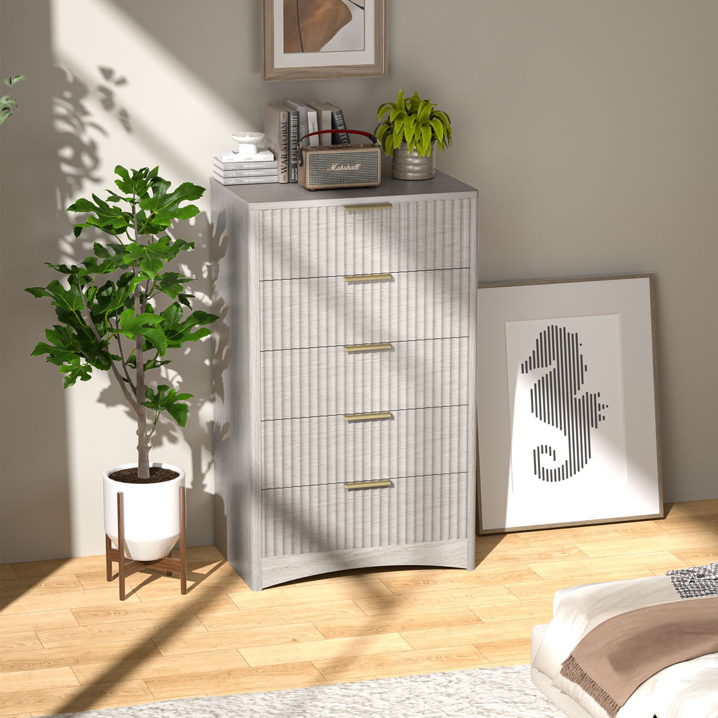 CHITOOMA Modern 5 Drawer Dresser for Bedroom, Fluted Wood Chest of Drawers with Gold Handles, Tall Storage Cabinet for Living Room, Gray