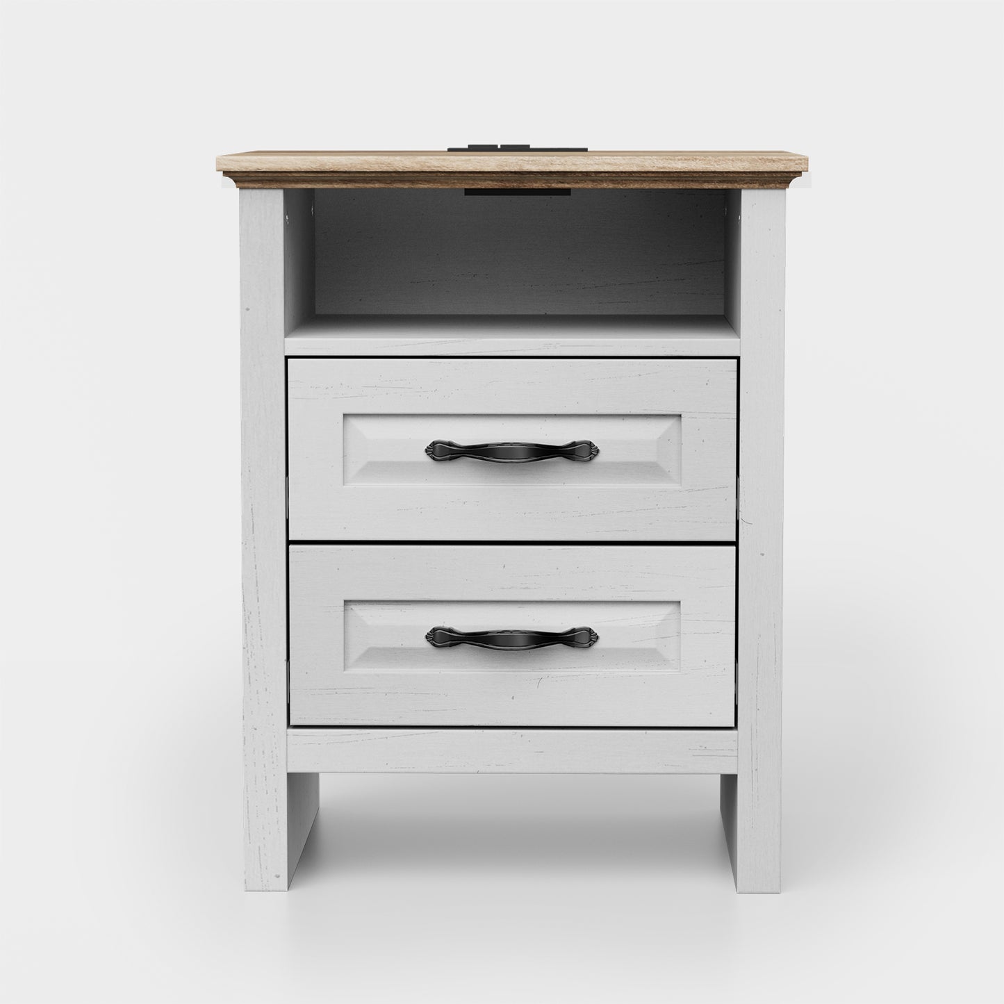 CHITOOMA 2-Drawer Nightstand with Charging Station, Wood Bedside Table with Open Shelf, Small End Table for Bedroom Living Room, White & Brown