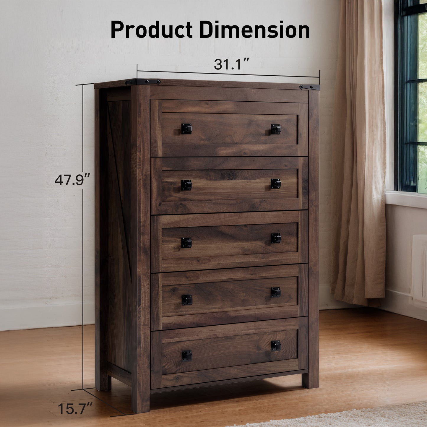 CHITOOMA 5 Drawer Dressers for Bedroom, Adult Tall Wooden Storage Cabine with Double Handle, Chest of Drawers for Living Room Hallway, Walnut