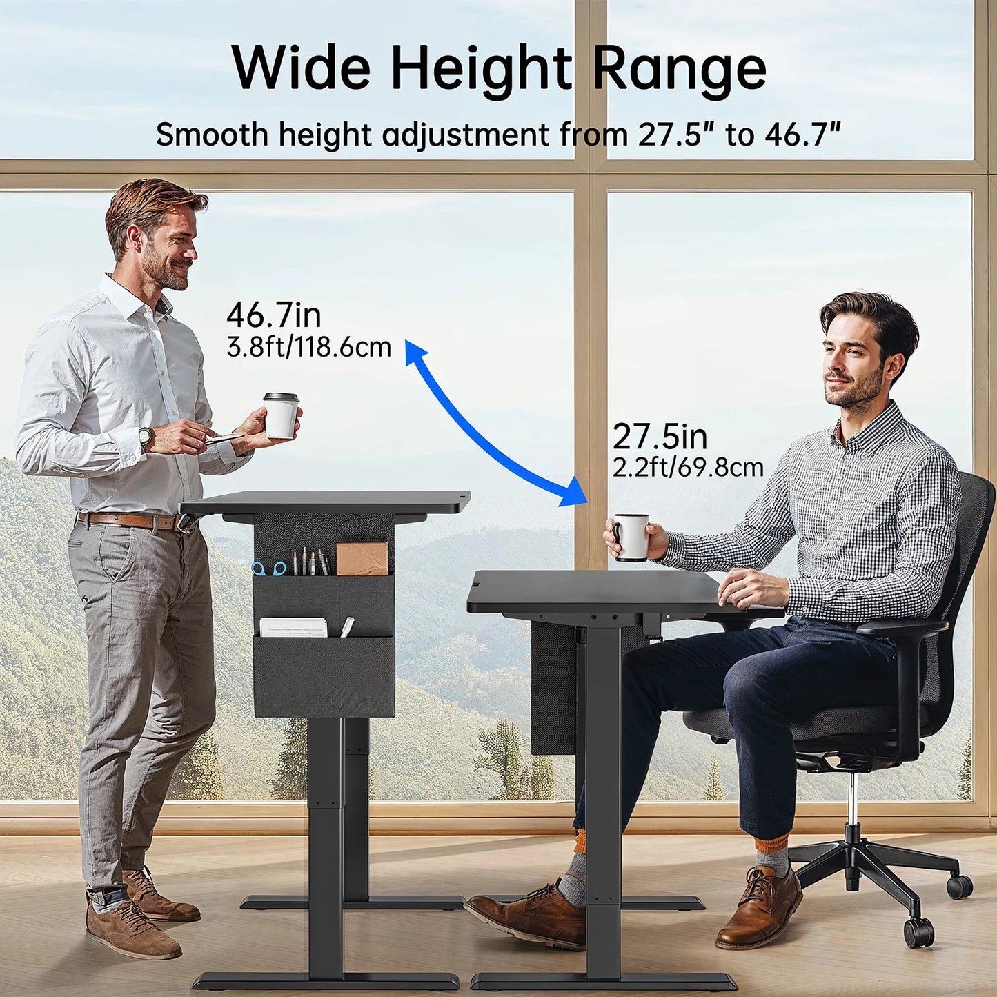 CHITOOMA Electric Standing Desk with Storage Bag, 48" x 24" Adjustable Height Sit to Stand Desk with 4 Memory Pre-Set, Headphone Hook for Home Office, Black