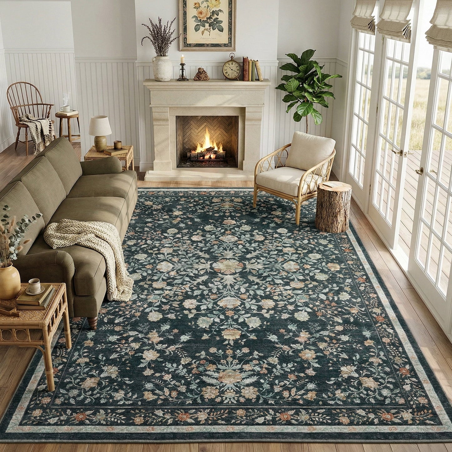 CHITOOMA 6'x9' Boho Area Rugs for Living Room, Machine Washable Stain Resistant Non-Shed Carpet, Floral Area Rug with Non-Slip Backing for Bedroom, Dining Room, Dorm, Office