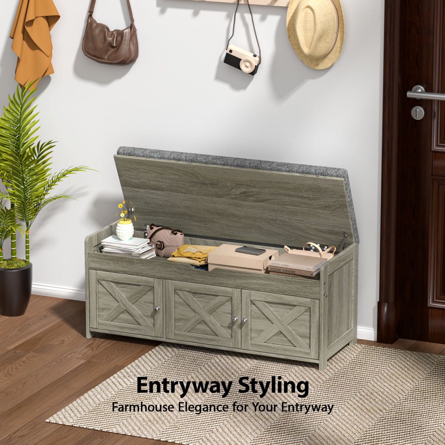 CHITOOMA 43.4" Shoe Storage Bench with Cushion and Barn Doors for Entryway, Bedroom, Shoe Rack Bench Adjustable Shelf with Lift Top Storage, 440 lbs, Grey