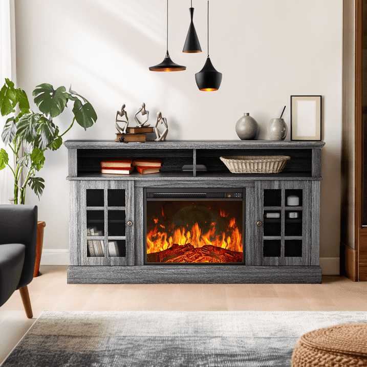 CHITOOMA 1400W Electric Fireplace TV Stand TV Console with 23″ Fireplace for up to 75 inch TVs with Adjustable Shelves,Grey