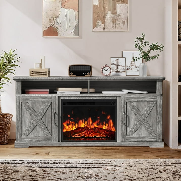 Electric Fireplace TV Stand for TVs up to 75", Farmhouse Entertainment Center with Fireplace, Grey