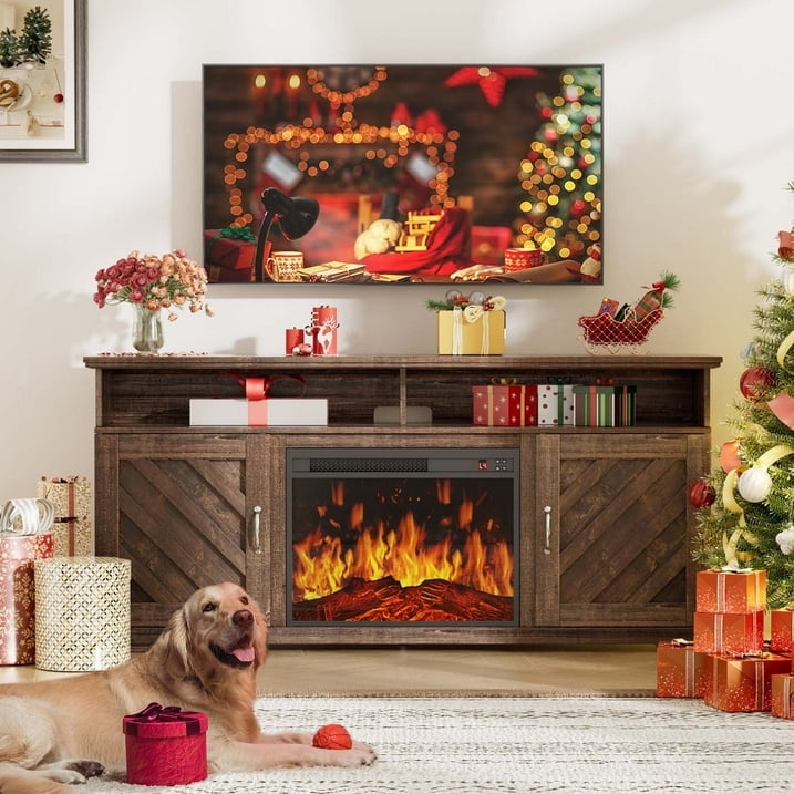 CHITOOMA Electric Fireplace TV Stand for 65 70 75 inch TV with Remote Control, Farmhouse Entertainment Center with 23″ Fireplace for Living Room, Bedroom,Vintage Brown