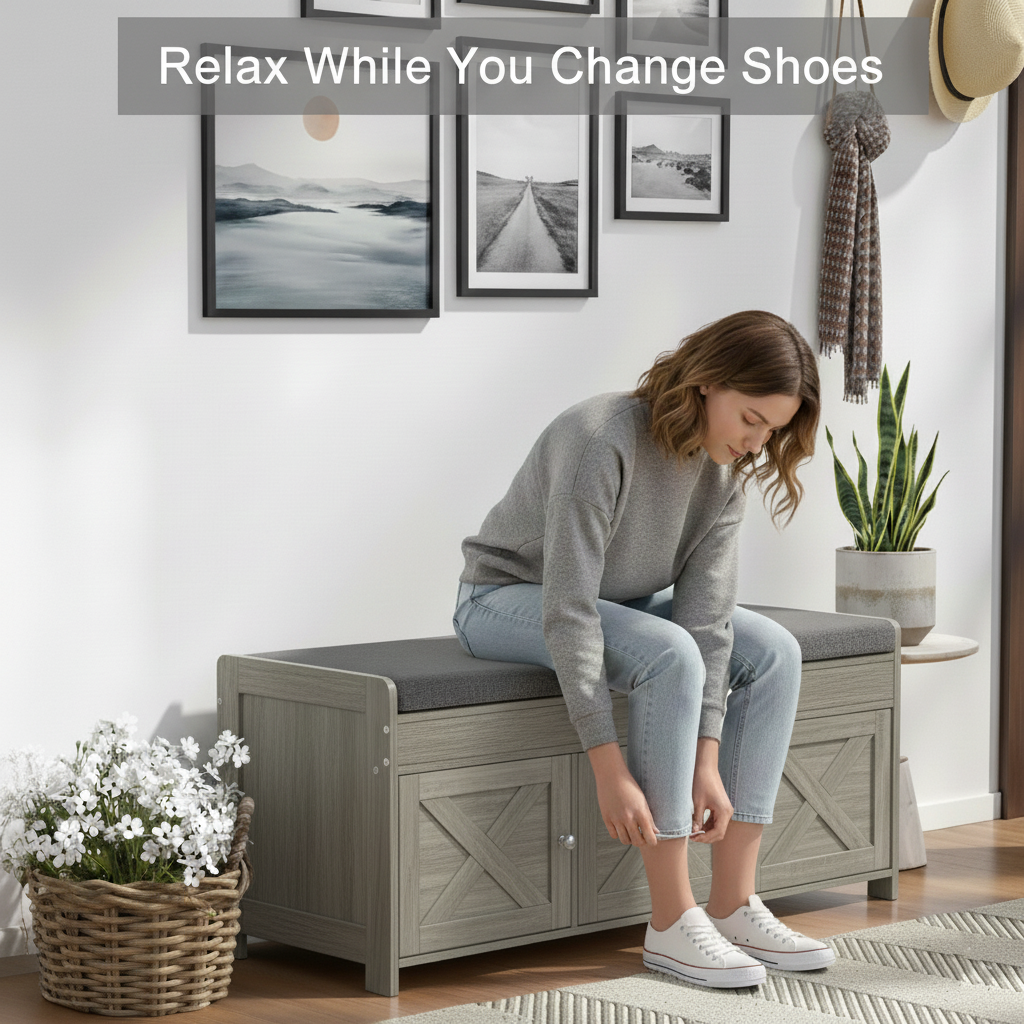 CHITOOMA Shoe Storage Bench, 43.4" Wide Shoe Bench with Padded Seat Cushion and Lift Top Storage, Bench with Barn Doors and Adjustable Shelf for for Entryway, Bedroom, Living Room, Gray