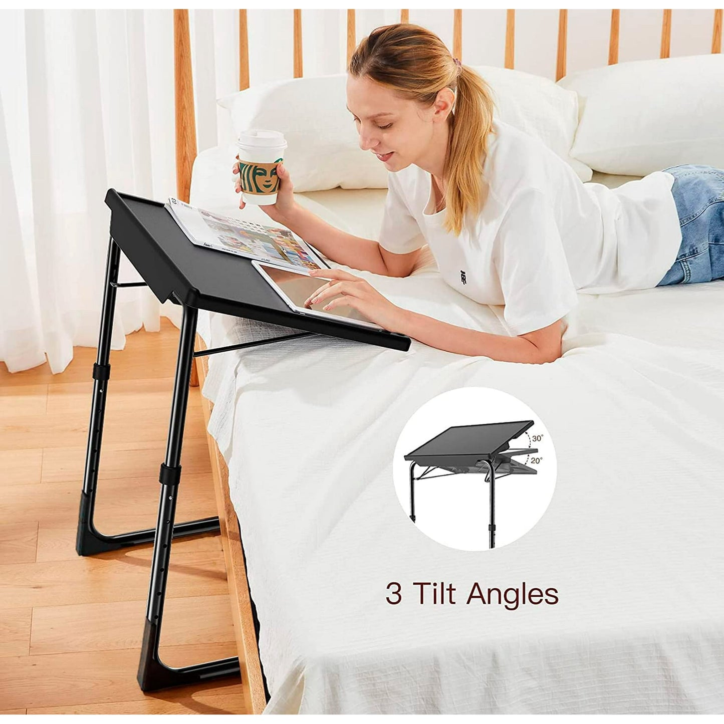 CHITOOMA Adjustable Folding TV Tray with 6 Heights and 3 Tilt Angles, Black