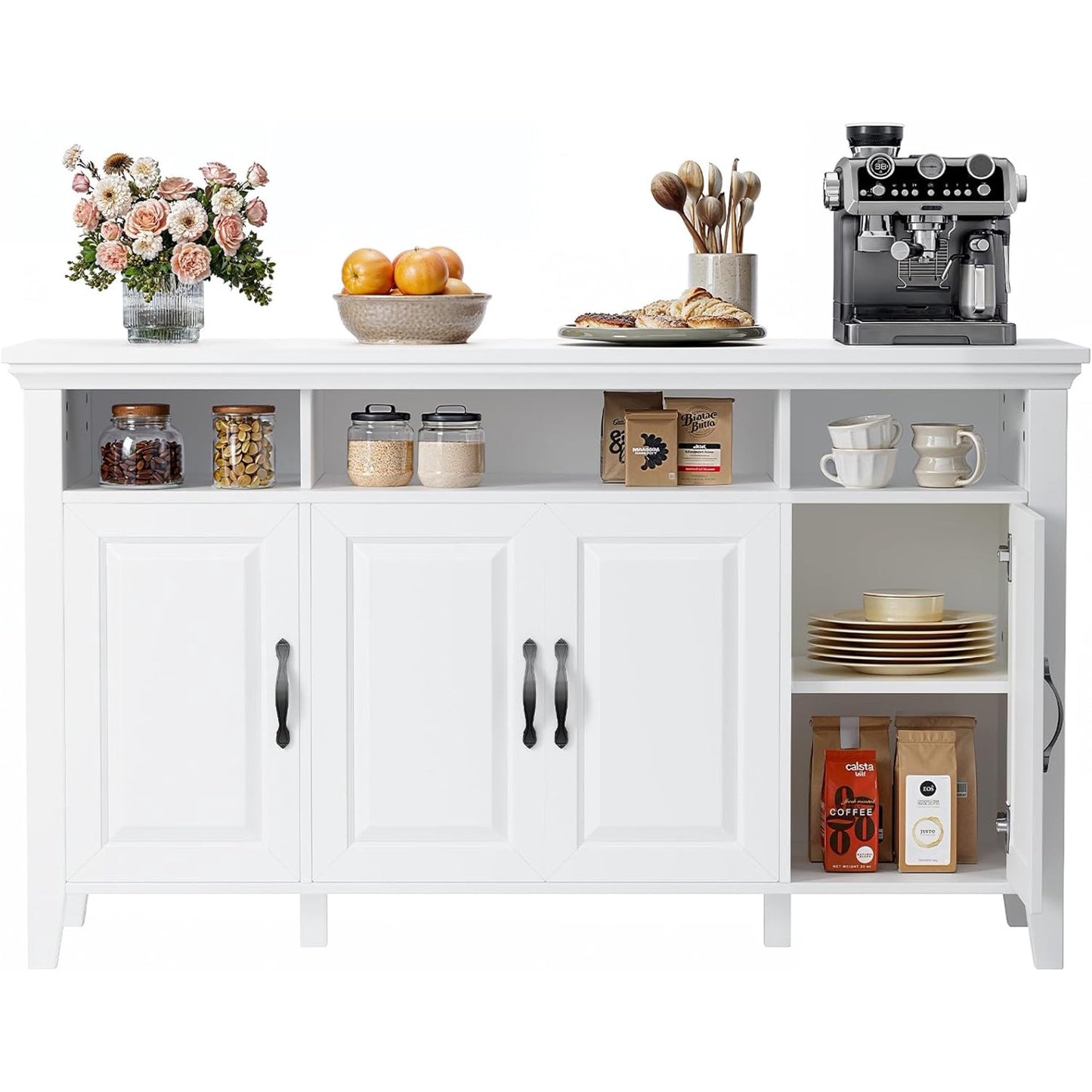 CHITOOMA 55" Sideboard Buffet Cabinet with Adjustable Shelves & 4 Doors, Modern Farmhouse Coffee Bar Cabinet for Kitchen Dinning Room, White