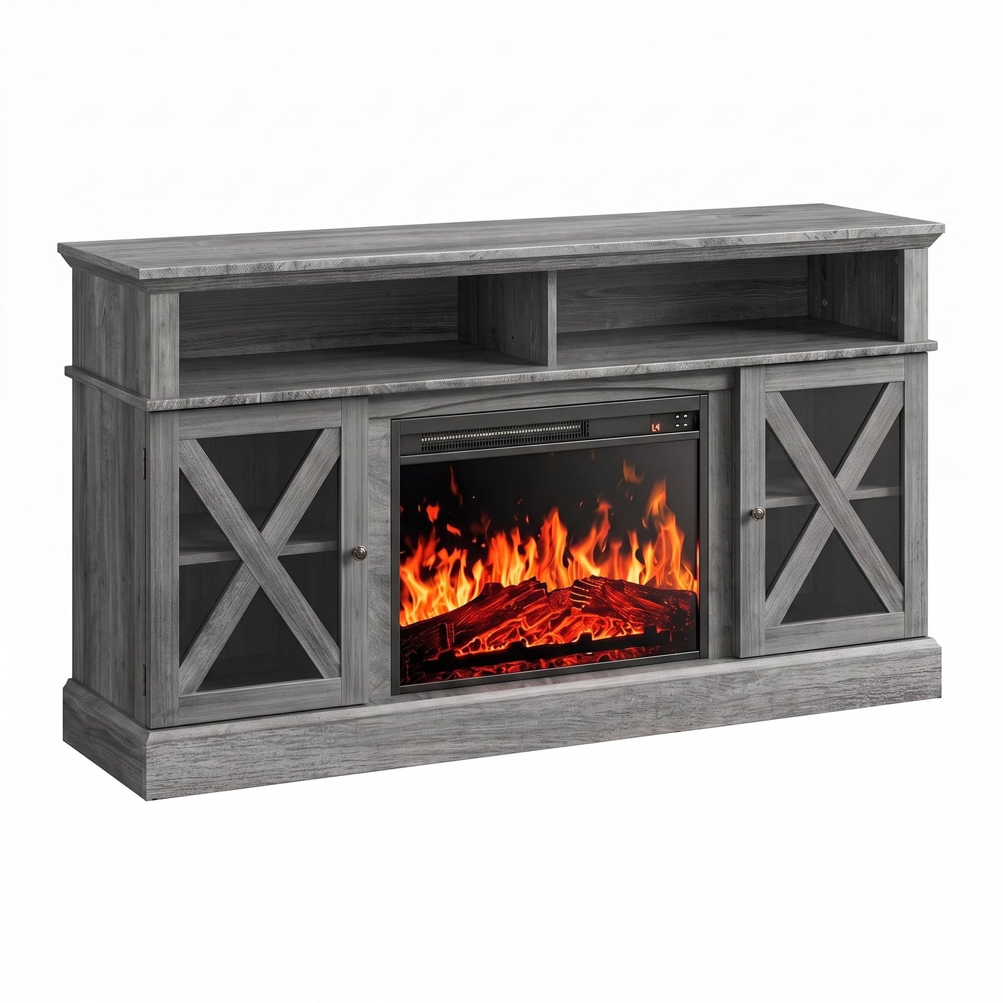 Electric Fireplace TV Stand for 75 inch TVs Farmhouse TV Console with 23″ Fireplace, Gray