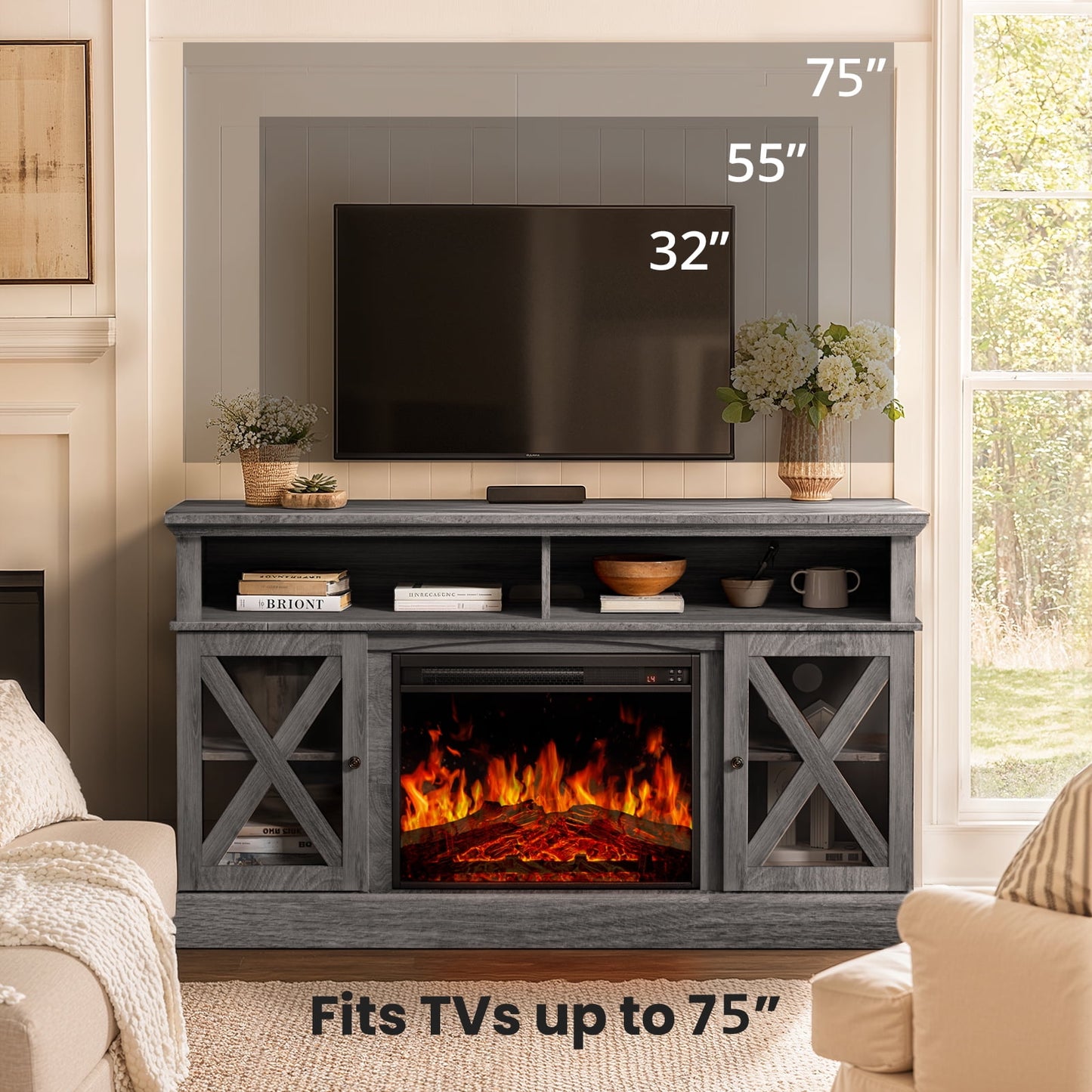 Electric Fireplace TV Stand for 75 inch TVs Farmhouse TV Console with 23″ Fireplace, Gray