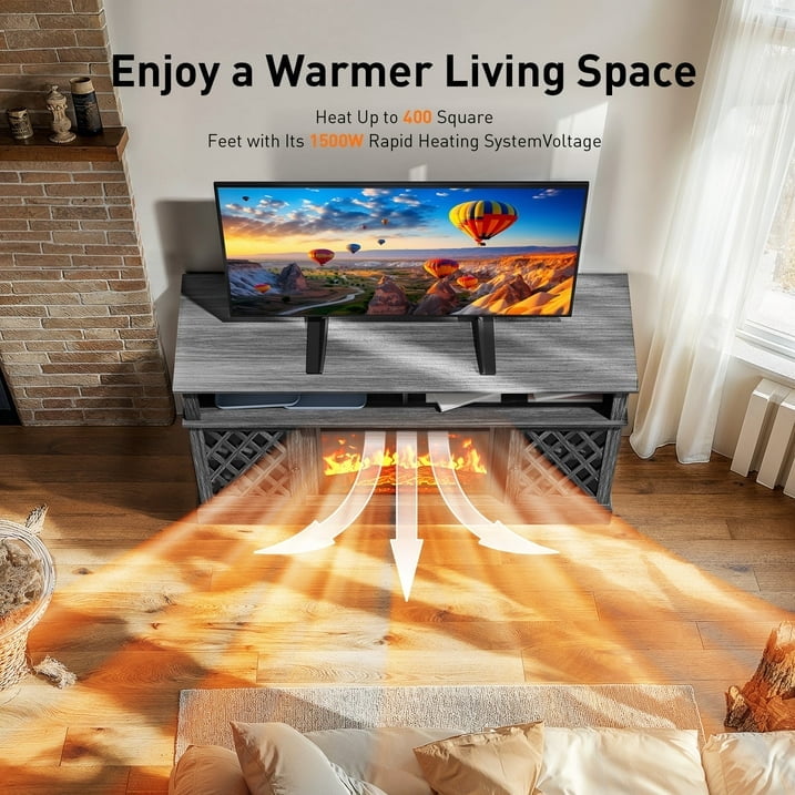 Farmhouse Fireplace TV Stand for 75 inch with LED Light, Adjustable Storage Shelves, Glass Doors, Media Entertainment Center with Fireplace for Living Room, Bedroom, Gray
