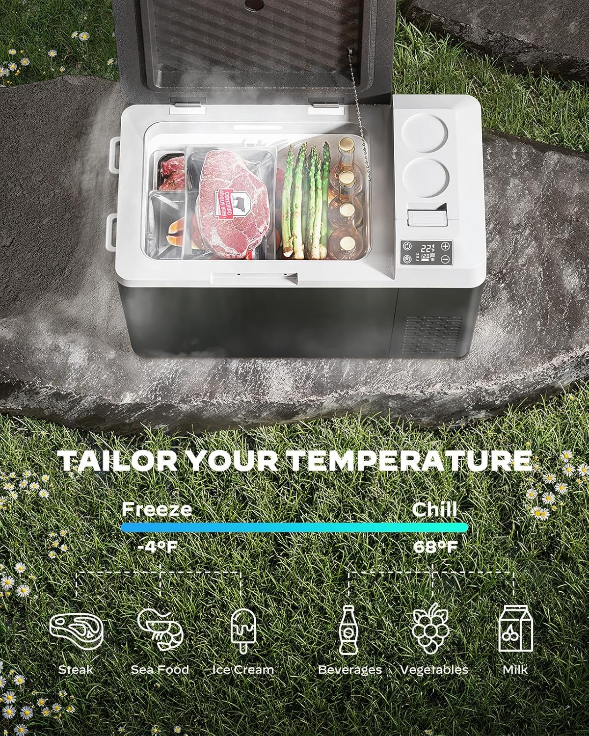CHITOOMA 12 Volt Car Refrigerator, 24QT Electric Cooler, Portable Freezer Compressor Cooler -4℉~68℉, 12/24V DC & 110-240V AC for Travel Camping Truck Home