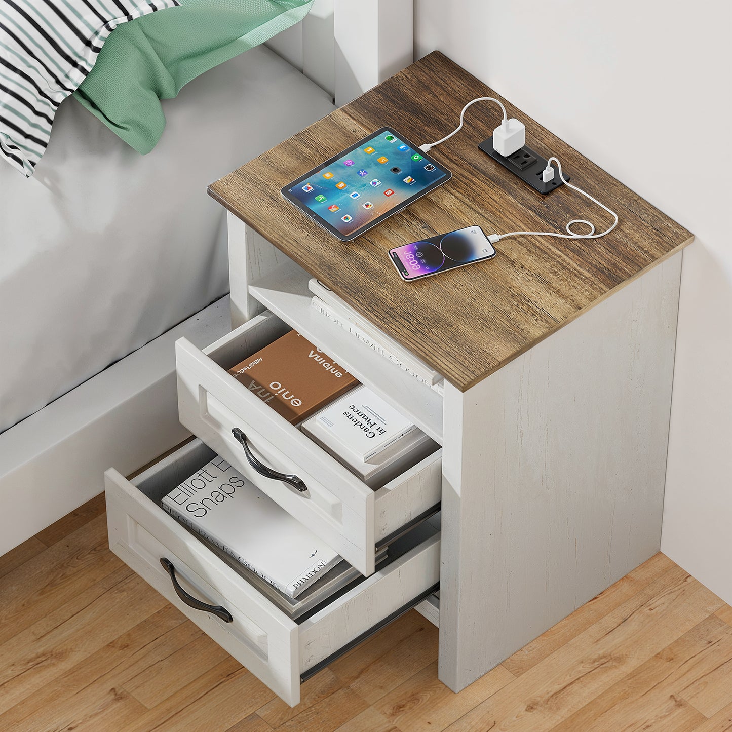 CHITOOMA 2-Drawer Nightstand with Charging Station, Wood Bedside Table with Open Shelf, Small End Table for Bedroom Living Room, White & Brown