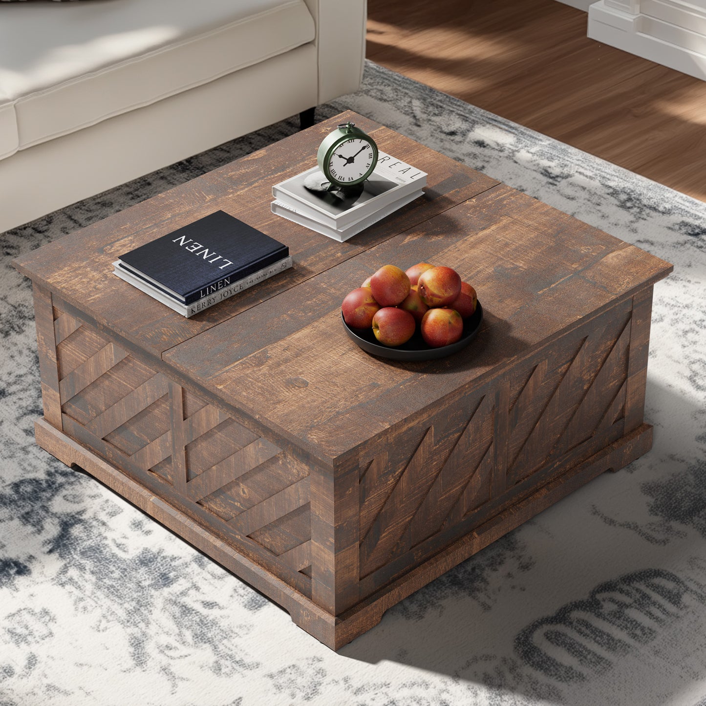 Lift Top Coffee Table, 35"x35" Wood Square Dining Center Table with Storage and Large Hidden Space for Living Room, Vintage Brown