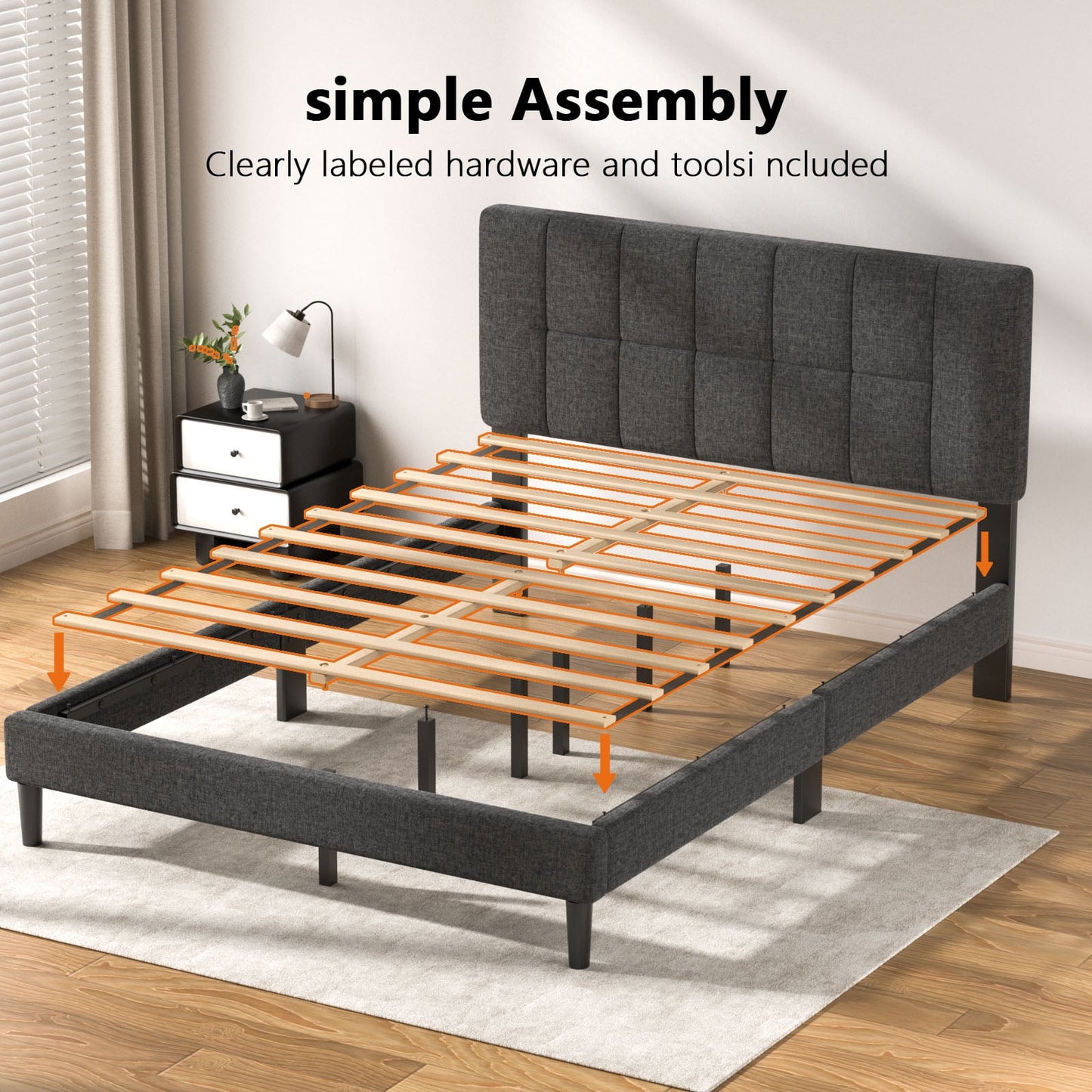 CHITOOMA Twin Bed Frame with Adjustable Headboard, Upholstered Platform Bed Frame Twin Size No Box Spring Needed, Noise-Free, Heavy Duty, Dark Grey
