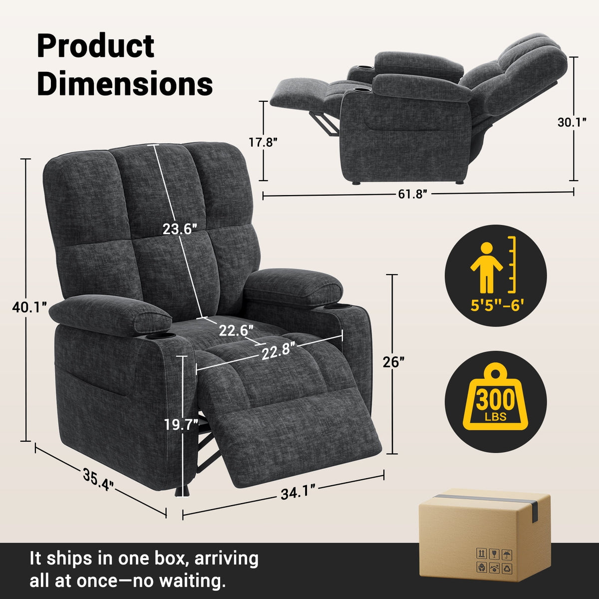CHITOOMA Power Recliner Chair for Adults, Zero Gravity Electric Reclining Sofa with USB Port, Cup Holder & Side Pockets, Chenille Fabric, Dark Gray