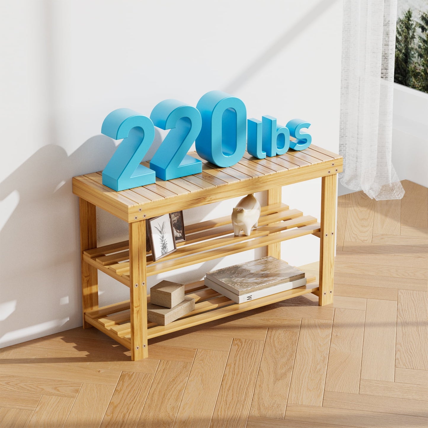 CHITOOMA 3 Tier Bamboo Shoe Storage Bench for Entryway, Wood Hallway Shoe Rack Shoe Organizer Shelf for Living Room Bedroom, Natural