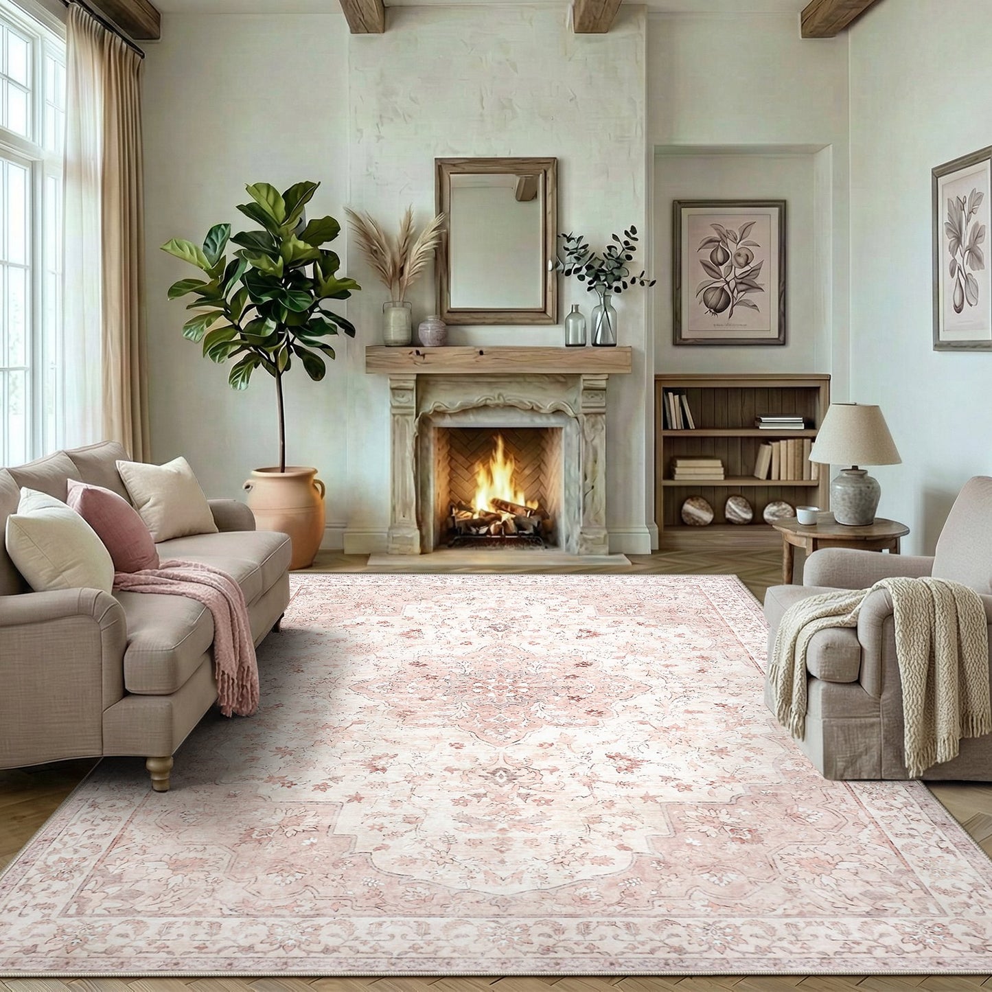 CHITOOMA 5'x7' Machine-washable Area Rugs for Living Room, Boho Floral Area Rugs with Non-Slip Backing, Stain Resistant Non-Shed Carpet for Bedroom, Dining Room, Dorm, Office