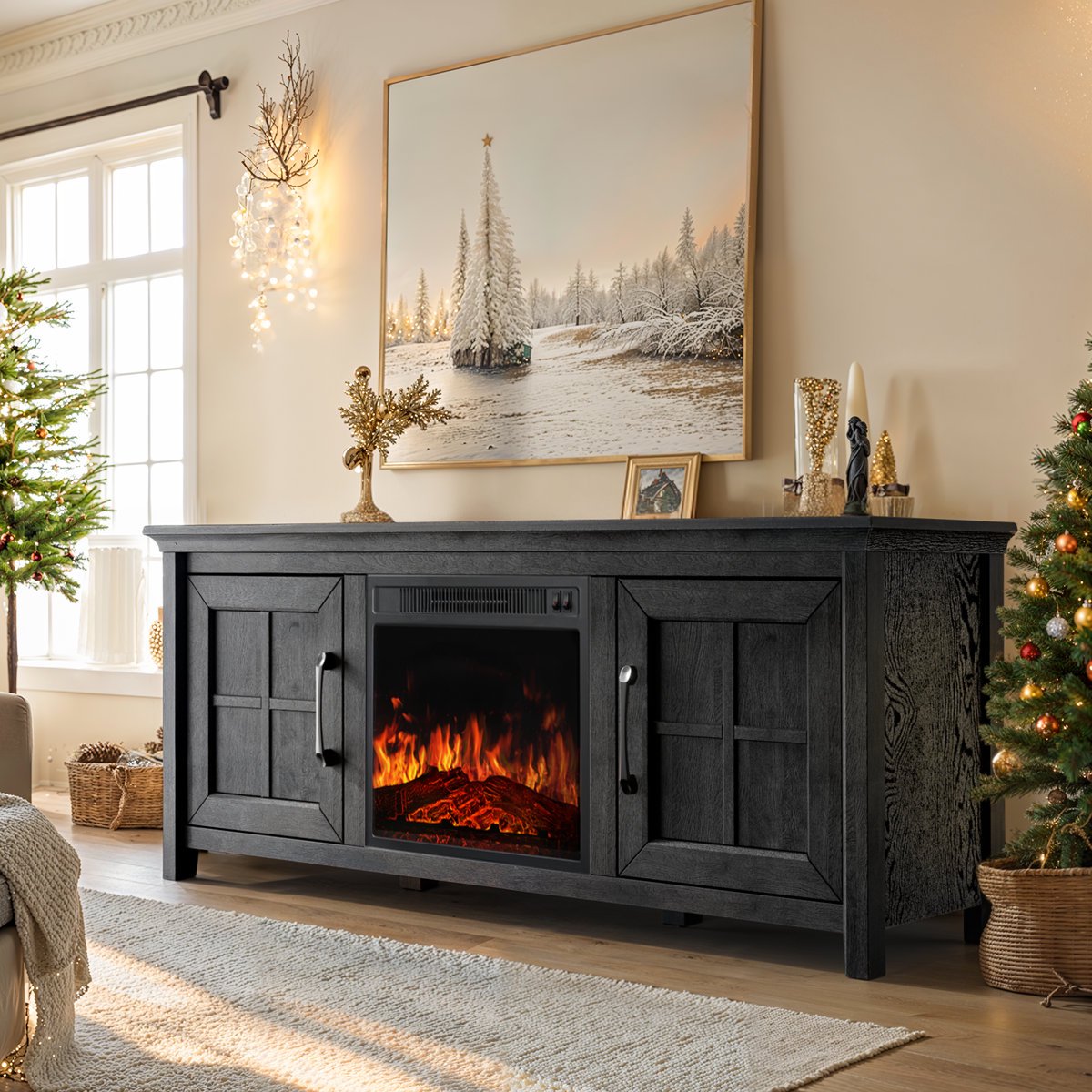 CHITOOMA Fireplace TV Stand with 2 Barn Doors and Storage Cabinets for TV up to 75 inch, Entertainment Center Console Table, Media Furniture for Living Room, Black