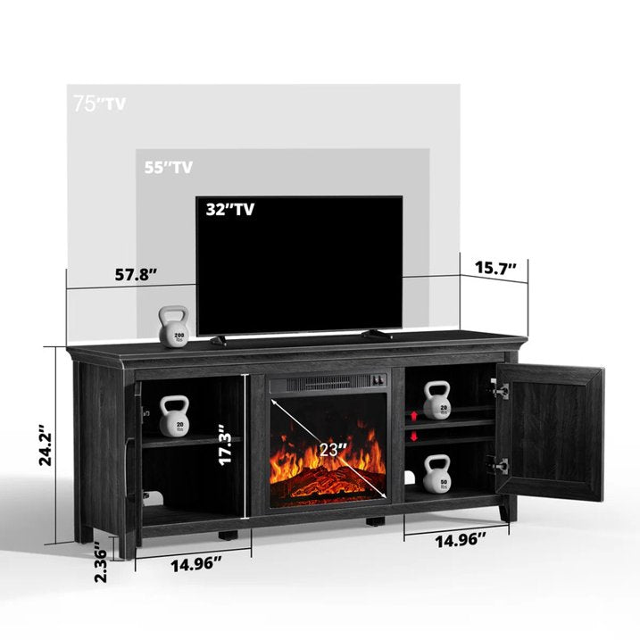 CHITOOMA Fireplace TV Stand with 2 Barn Doors and Storage Cabinets for TV up to 75 inch, Entertainment Center Console Table, Media Furniture for Living Room, Black