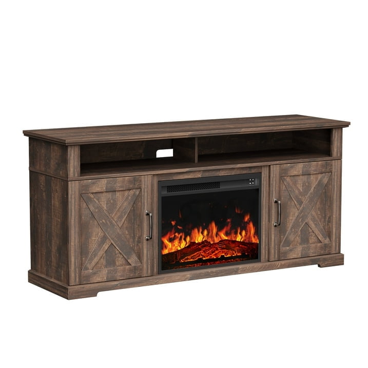 Electric Fireplace TV Stand for TVs up to 75", Farmhouse Entertainment Center with Fireplace, Vintage Brown