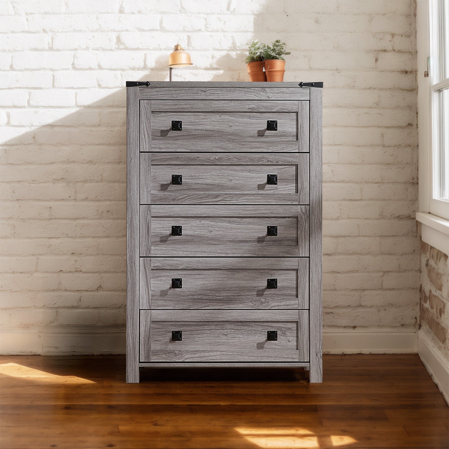 CHITOOMA 5 Drawer Dressers for Bedroom, Adult Tall Wooden Storage Cabine with Double Handle, Chest of Drawers for Living Room Hallway, Gray