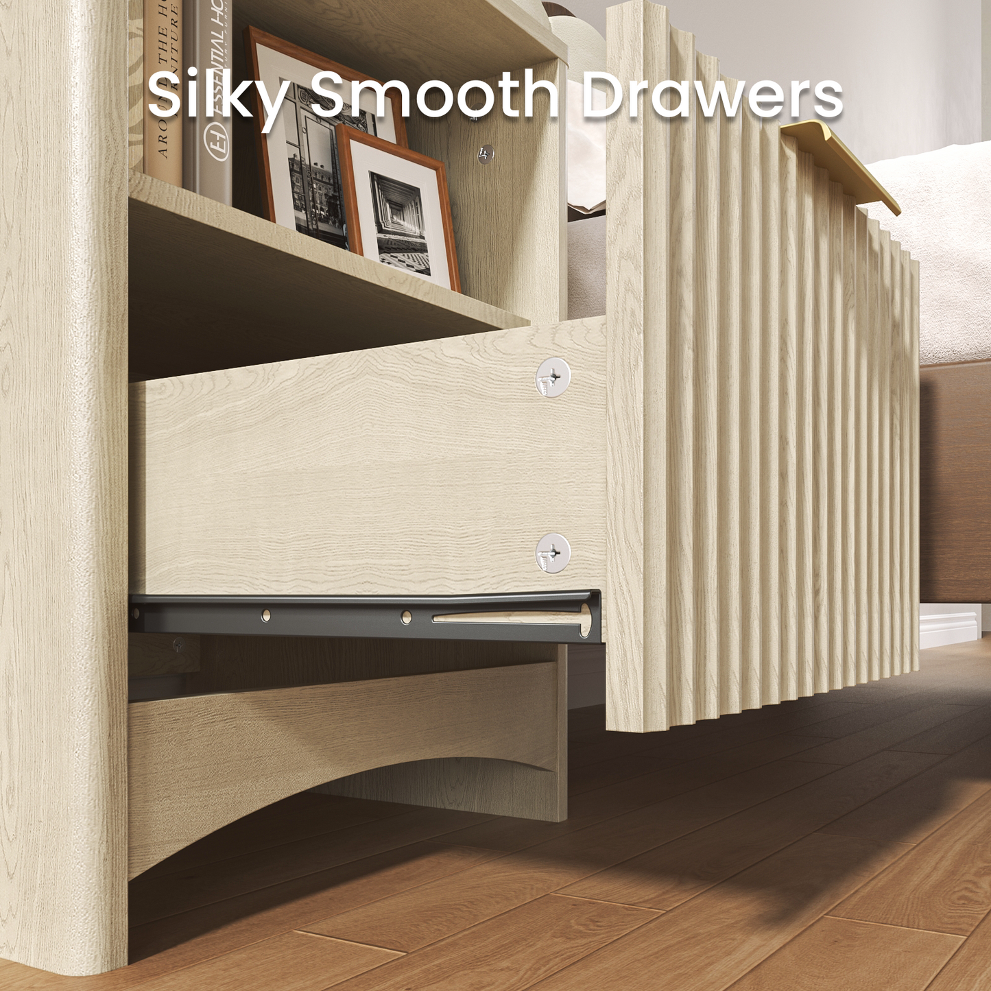 CHITOOMA Fluted Nightstand Set of 2 with Charging Station, Wood Bedside Table with Drawer & Open Shelf, Small End Table for Bedroom Living Room, Natural