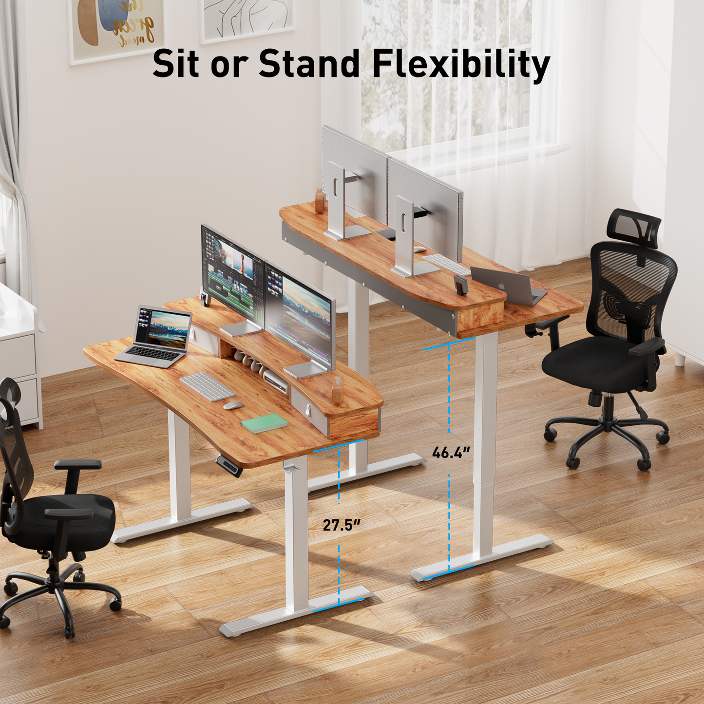 CHITOOMA 48″ x 24″ Electric Standing Desk with 2 Drawers, C-Clamp Mount Compatible, Height Adjustable Computer Desk, Home Office Stand Up Desk with 4 Preset Heights & 2 Hooks, Light Vintage