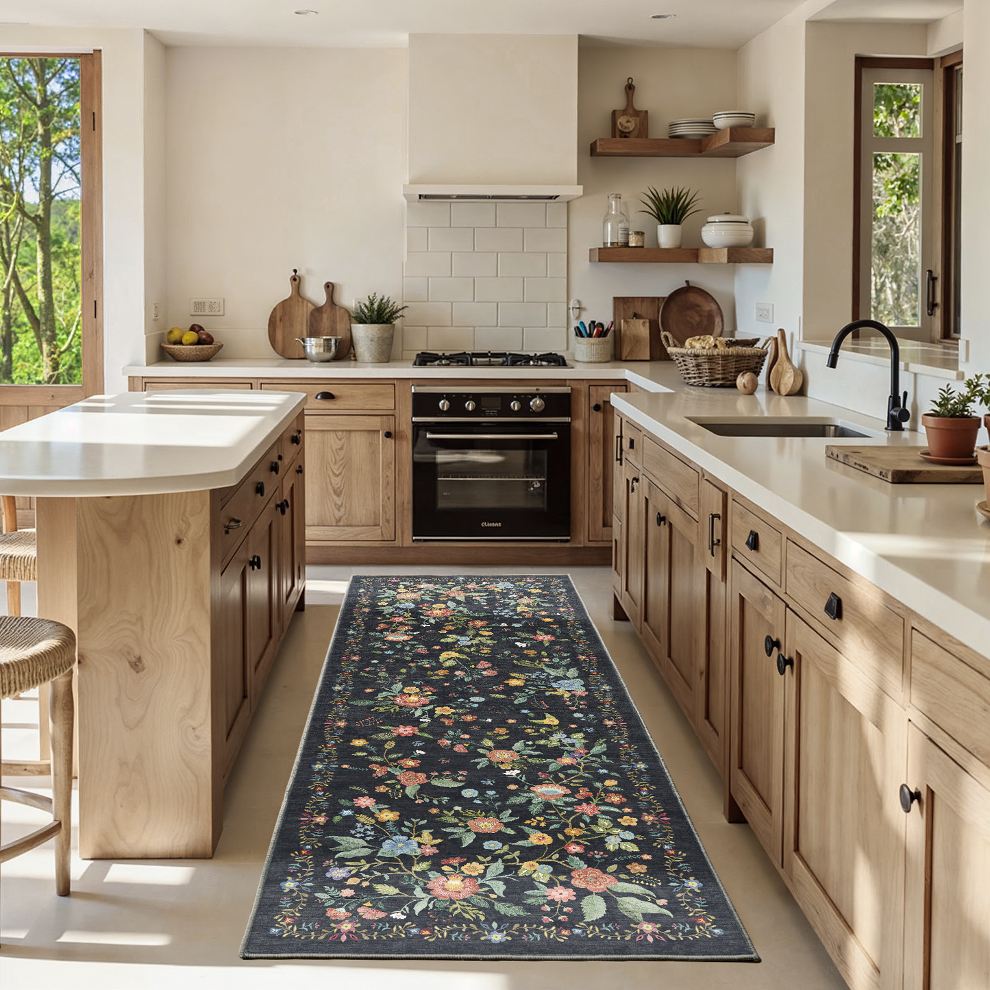 CHITOOMA 2.6'x8' Boho Runner Rug for Hallway, Machine Washable Stain Resistant Non-Shed Carpet, Floral Runner Rug with Non-Slip Backing for Kitchen, Entryway, Bedroom, Laundry, Bathroom