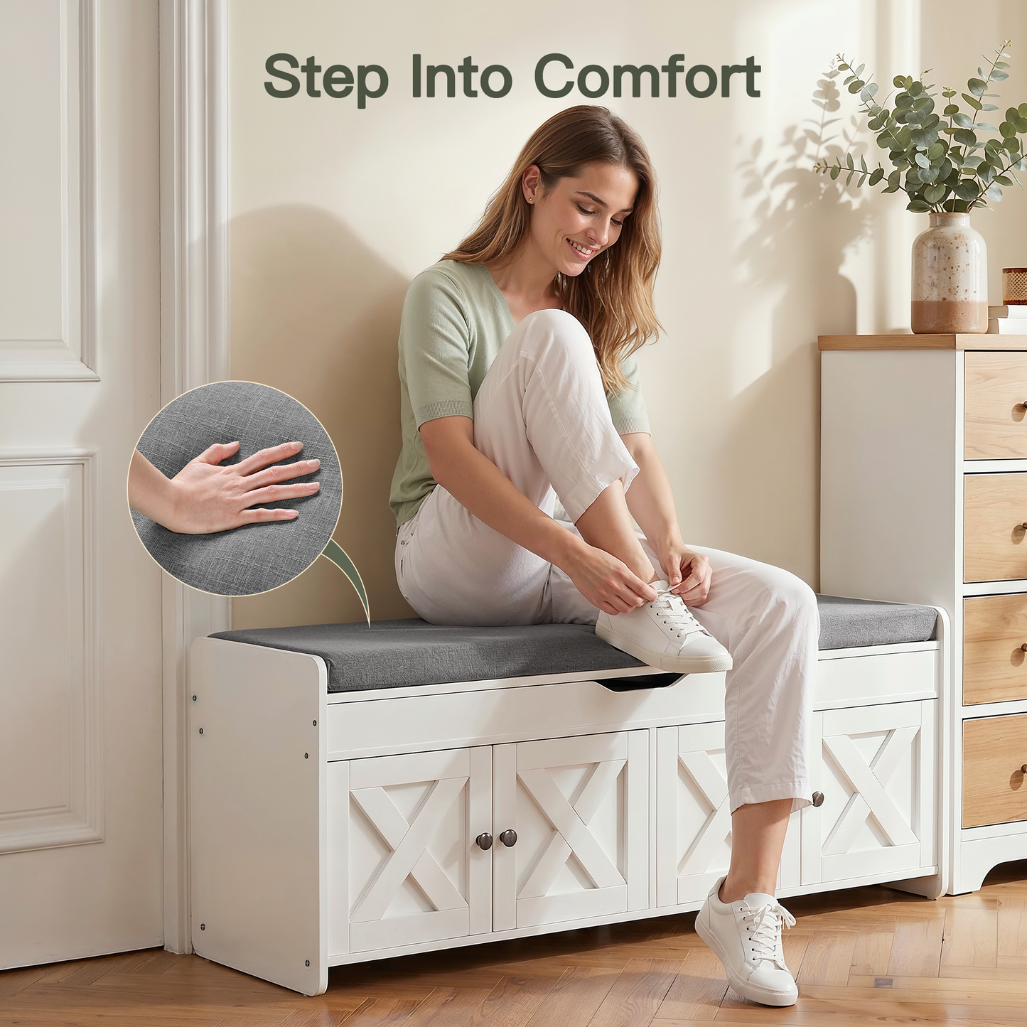 CHITOOMA Shoe Storage Bench, 2-Tier with Cushioned Seat, Adjustable Shelves, 300 lbs Capacity, 47.2" x 15" x 18", White