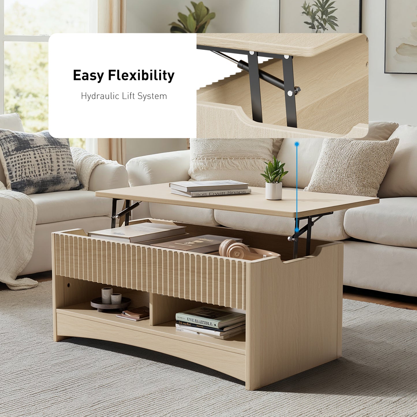 CHITOOMA Modern Lift-Top Coffee Table with Hidden Storage & Open Shelves, Fluted Front Accent Table for Living Room, Natural