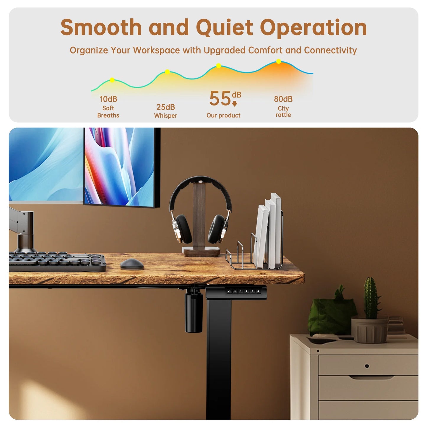 CHITOOMA 55" x 24" Electric Standing Desk, Adjustable Height Sit Stand Up Desk with 4 Memory Pre-Set, Home Office Gaming Desk with Headphone Hook, Vintage Brown