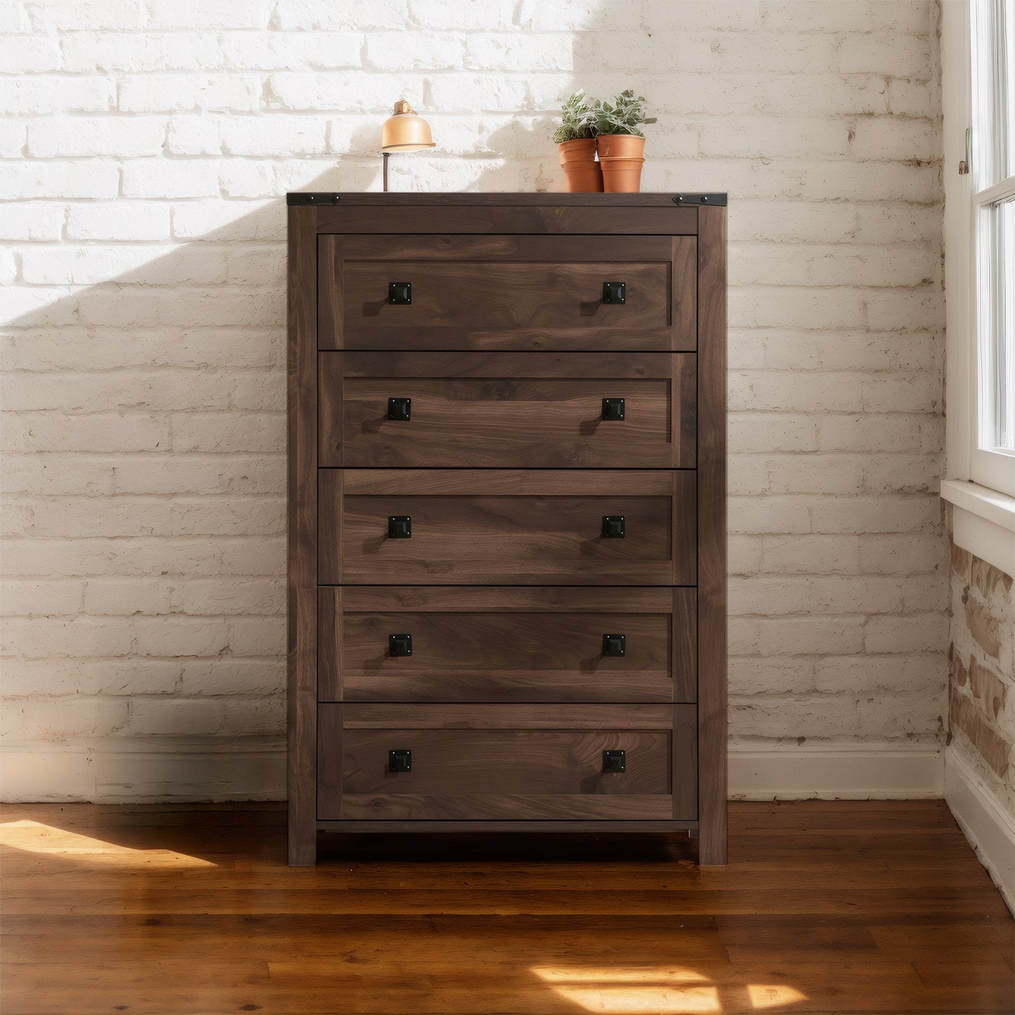CHITOOMA 5 Drawer Dressers for Bedroom, Adult Tall Wooden Storage Cabine with Double Handle, Chest of Drawers for Living Room Hallway, Walnut