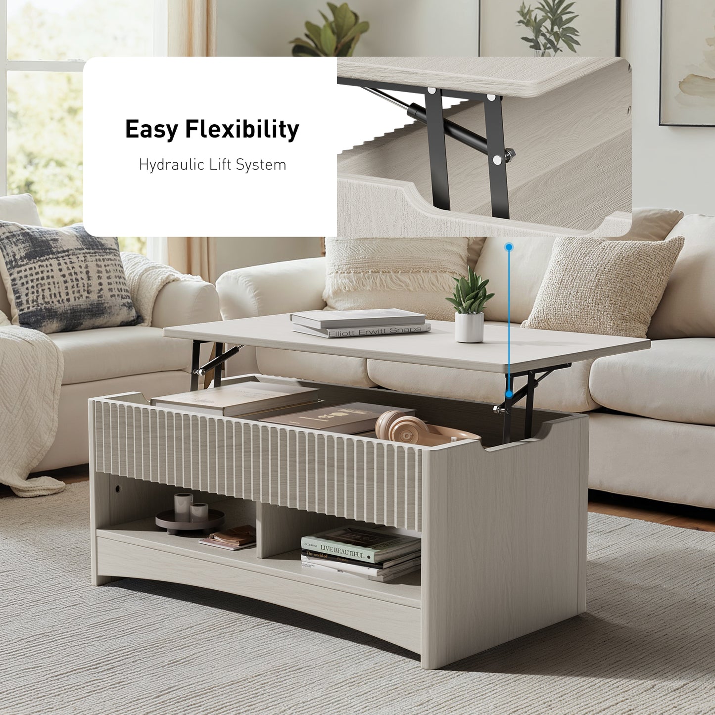 CHITOOMA Modern Lift-Top Coffee Table with Hidden Storage & Open Shelves, Fluted Front Accent Table for Living Room, Gray