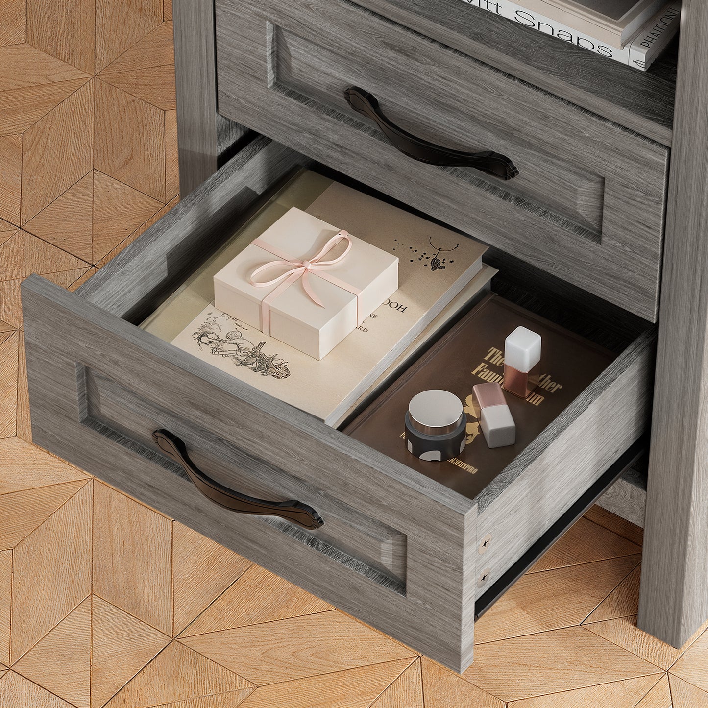 CHITOOMA 2-Drawer Nightstand with Charging Station, Wood Bedside Table with Open Shelf, Small End Table for Bedroom Living Room, Gray