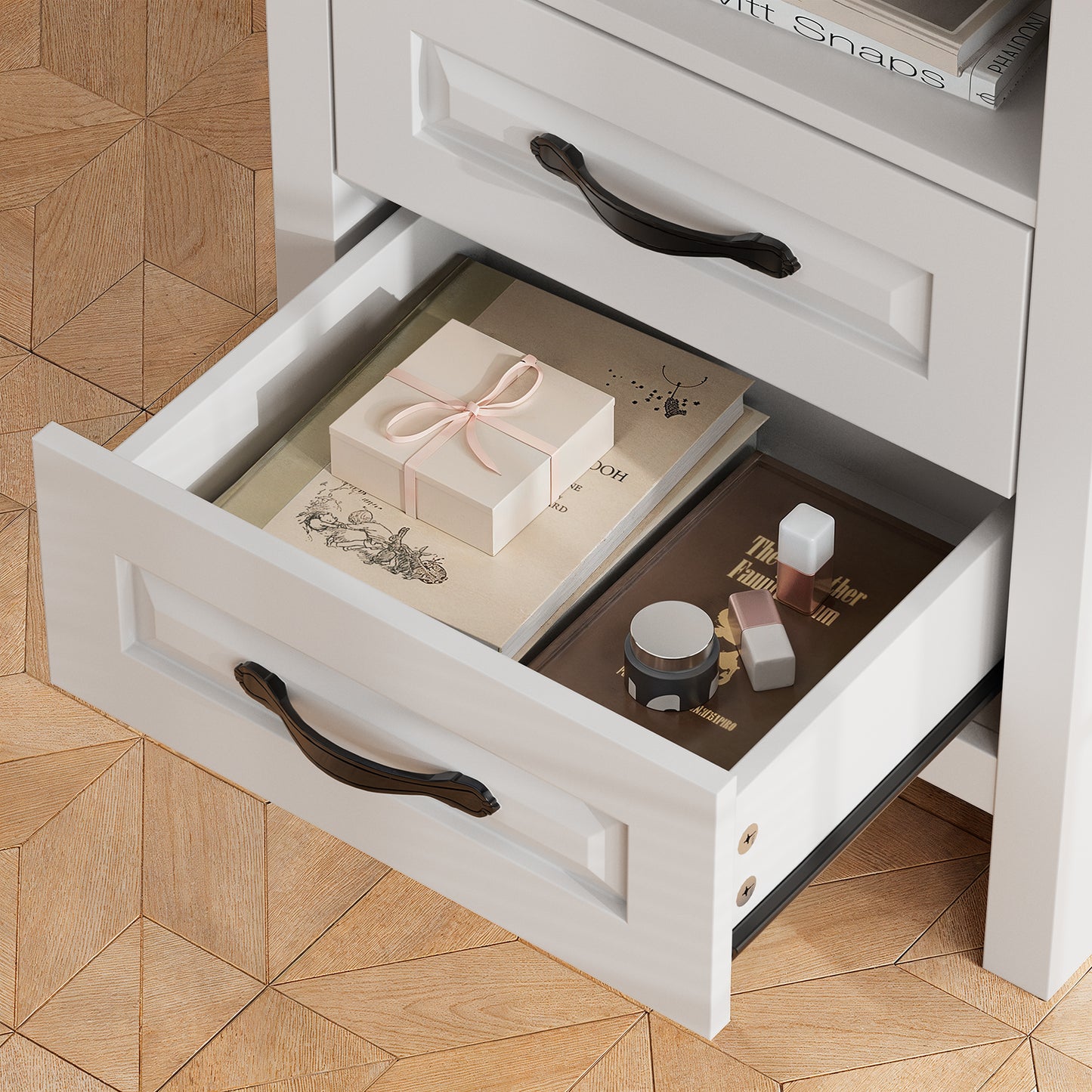 CHITOOMA 2-Drawer Nightstand with Charging Station, Wood Bedside Table with Open Shelf, Small End Table for Bedroom Living Room, White