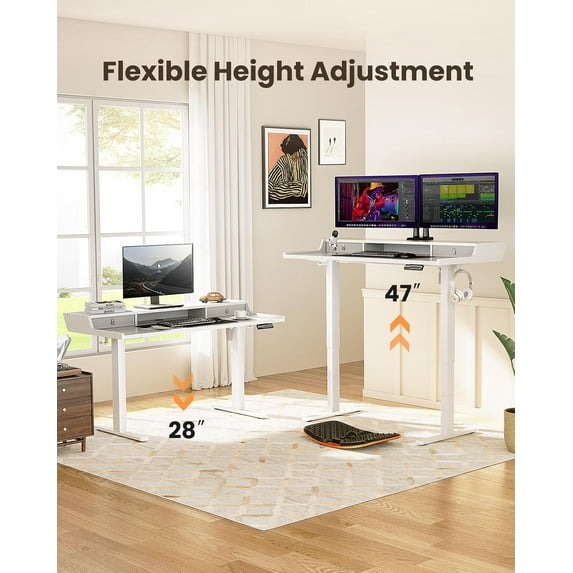 CHITOOMA 55″ x 28″ Electric Standing Desk with Drawers, Height Adjustable Gaming Desk with Monitor Stand & Storage Shelf, 4 Preset Heights for Home Office, White