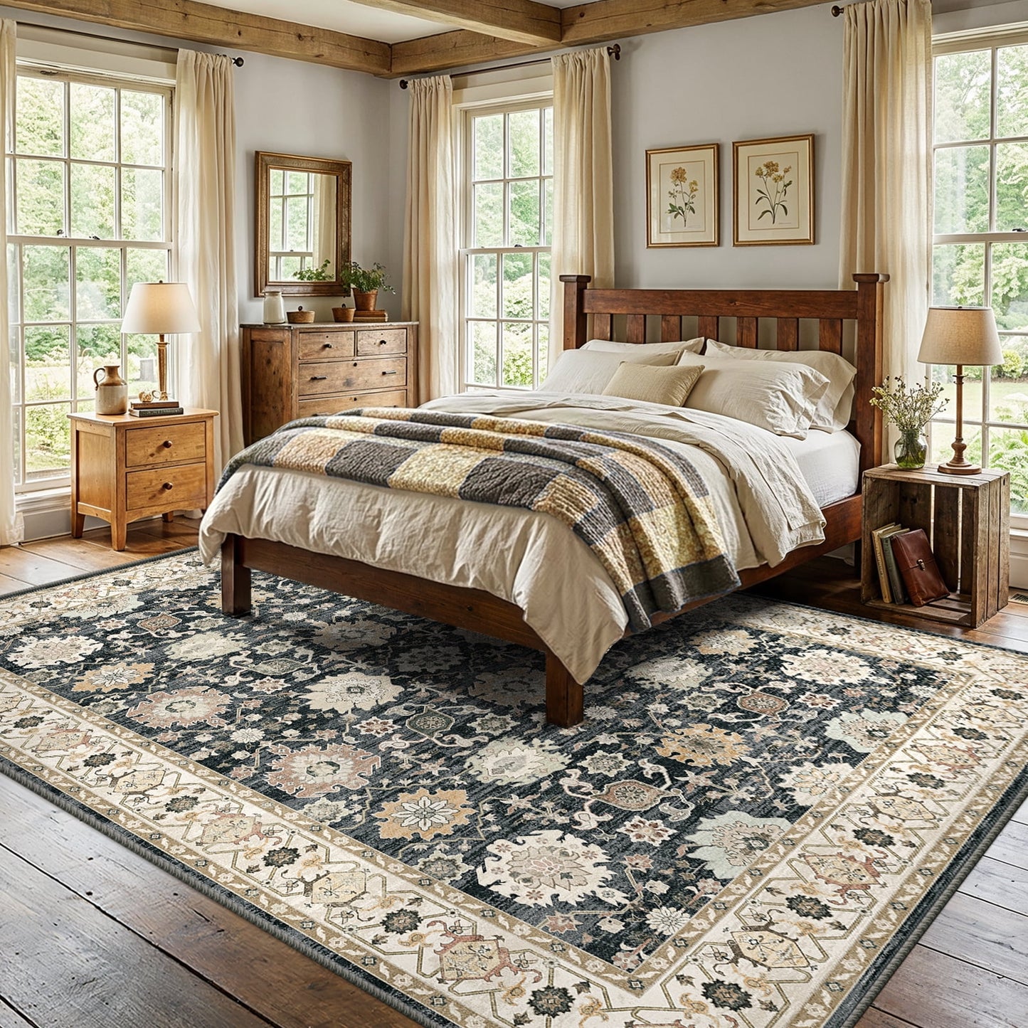 CHITOOMA 8'x10' Area Rugs for Living Room, Boho Machine Washable Floral Area Rug with Non-Slip Backing, Stain Resistant Non-Shed Carpet for Bedroom, Dining Room, Dorm, Office