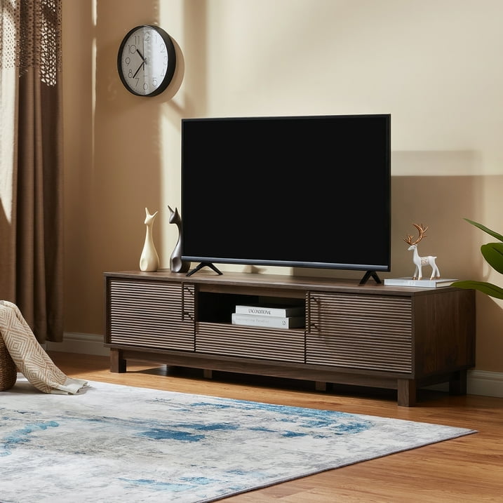 Mid-Century Modern Low Profile TV Stand for 70" TVs, Wood TV Media Console with 2 Fluted Door for Living Room, Walnut