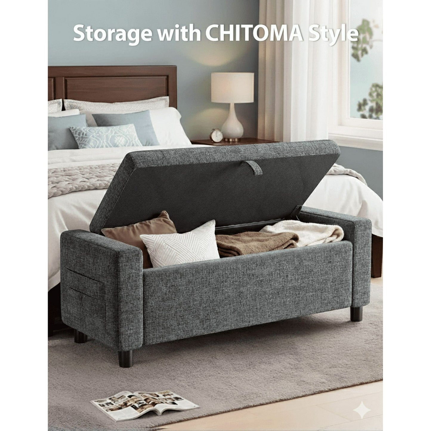 46" Storage Ottoman Bench, 3.14" Thicker Upholstered End of Bed Bench with Folding Cover, Side Pocket, 400lb Capacity, for Living Room, Bedroom, Beige