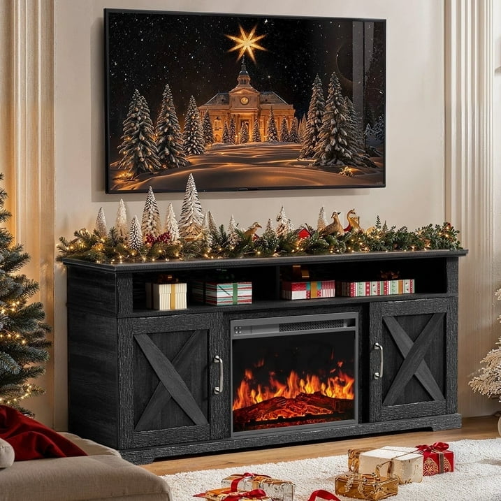 Fireplace TV Stand with Fireplace for 75 inch TV Farmhouse Entertainment Center with Storage, Black