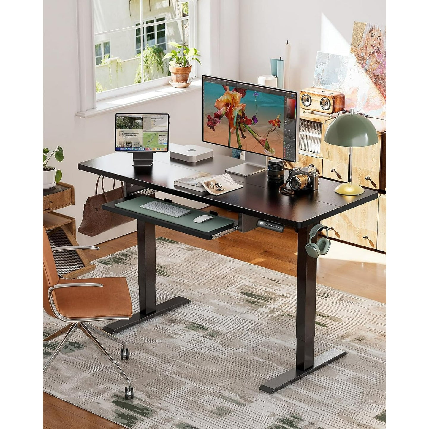CHITOOMA Electric Standing Desk with Keyboard Tray, 48" x 24" Height Adjustable Sit Stand up Desk with Headphone Hook & 4 Height Memory Pre-Set for Home Office, Black