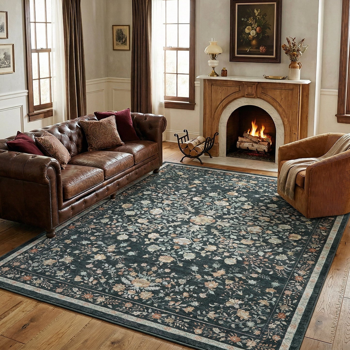 CHITOOMA 8'x10' Boho Area Rugs for Living Room, Machine Washable Floral Area Rug with Non-Slip Backing, Stain Resistant Non-Shed Carpet for Bedroom, Dining Room, Dorm, Office
