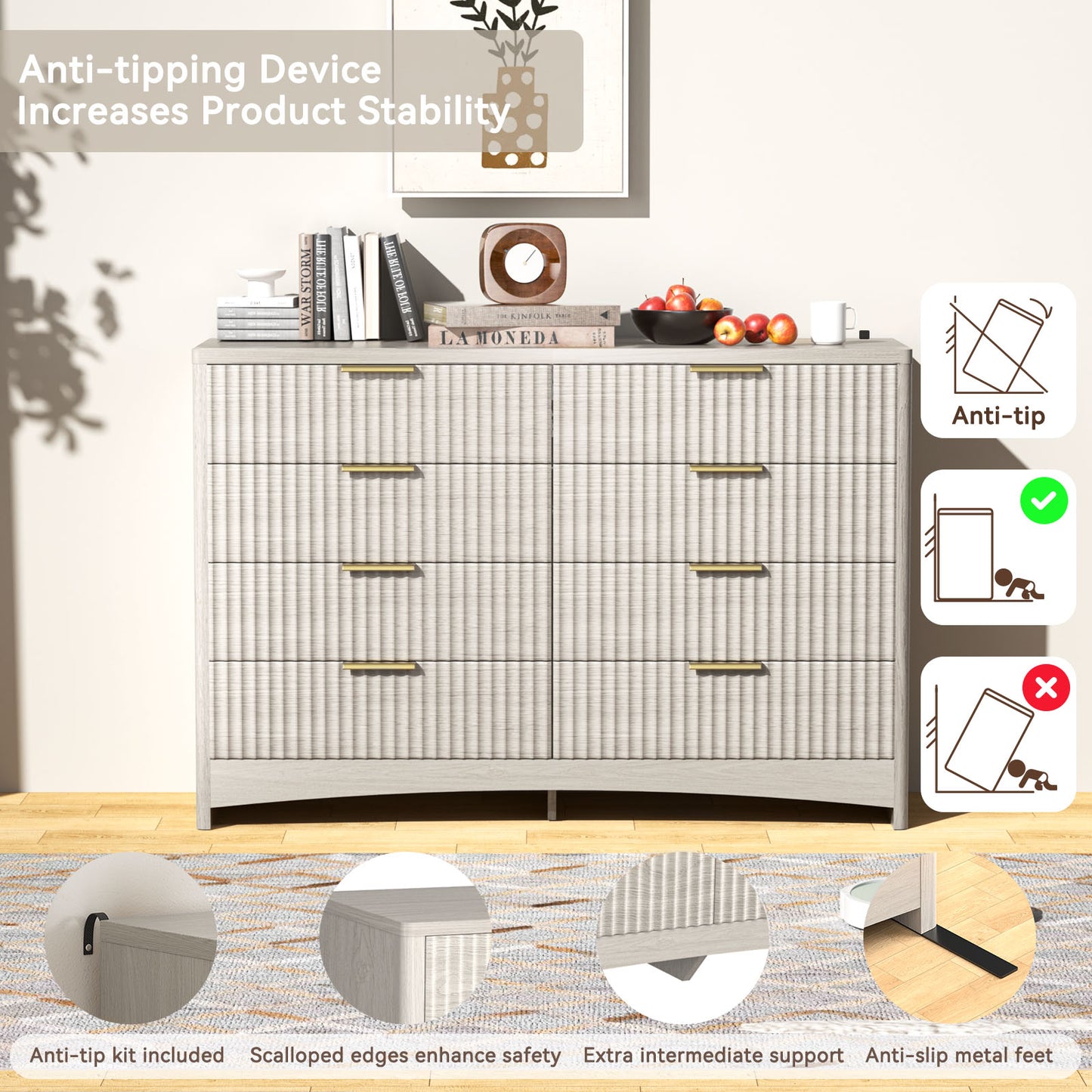 CHITOOMA Modern 8 Drawer Dresser for Bedroom, Extra Large Fluted Wood Chest with Gold Handles, Wide Storage Organizer Cabinet, Gray