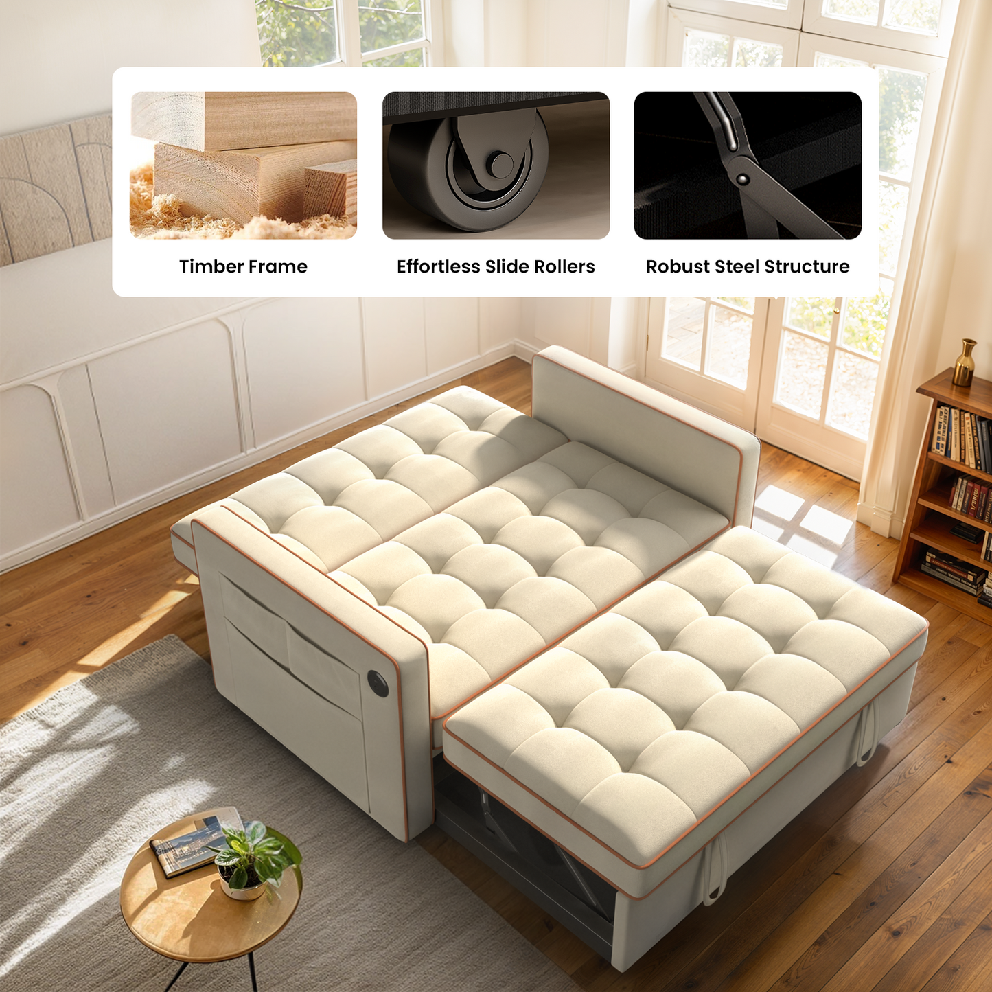 CHITOOMA 3 in 1 Pull Out Sofa Bed with Adjustable Backrest, 70" Convertible Loveseat Sleeper Couch with Charging Port, Side Pockets & Cylinder Pillows for Living Room Apartment, White