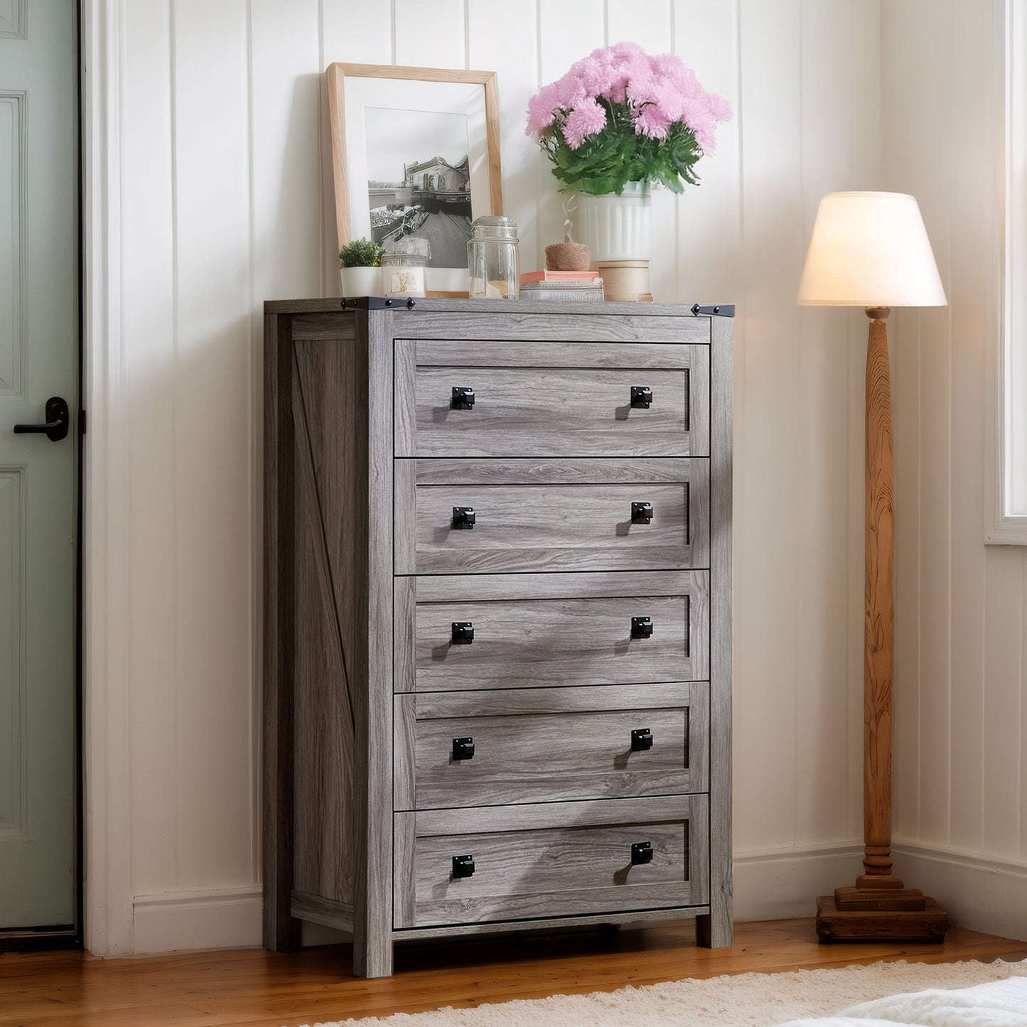 CHITOOMA 5 Drawer Dressers for Bedroom, Adult Tall Wooden Storage Cabine with Double Handle, Chest of Drawers for Living Room Hallway, Gray