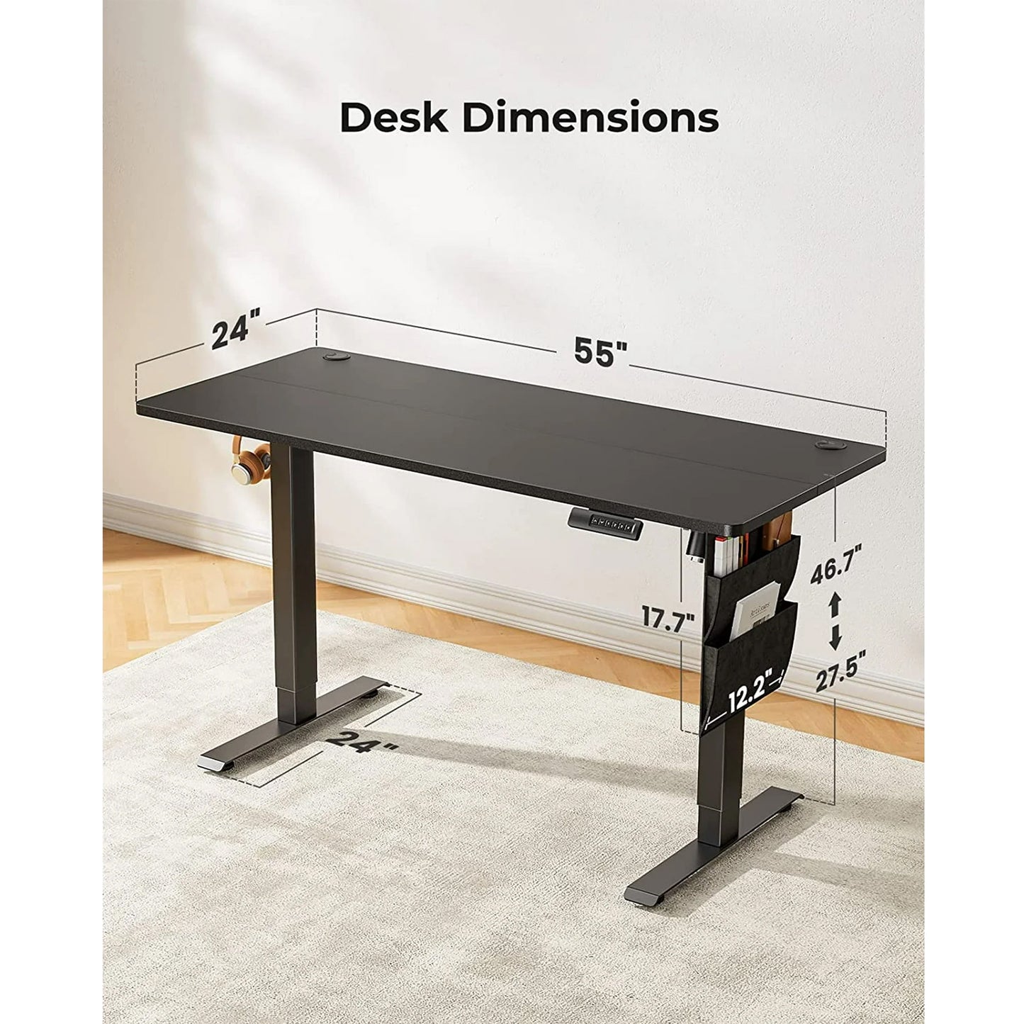 CHITOOMA 55" x 24" Electric Standing Desk with Storage Bag, Adjustable Height Sit to Stand Desk with 4 Memory Pre-Set, Headphone Hook for Home Office, Black