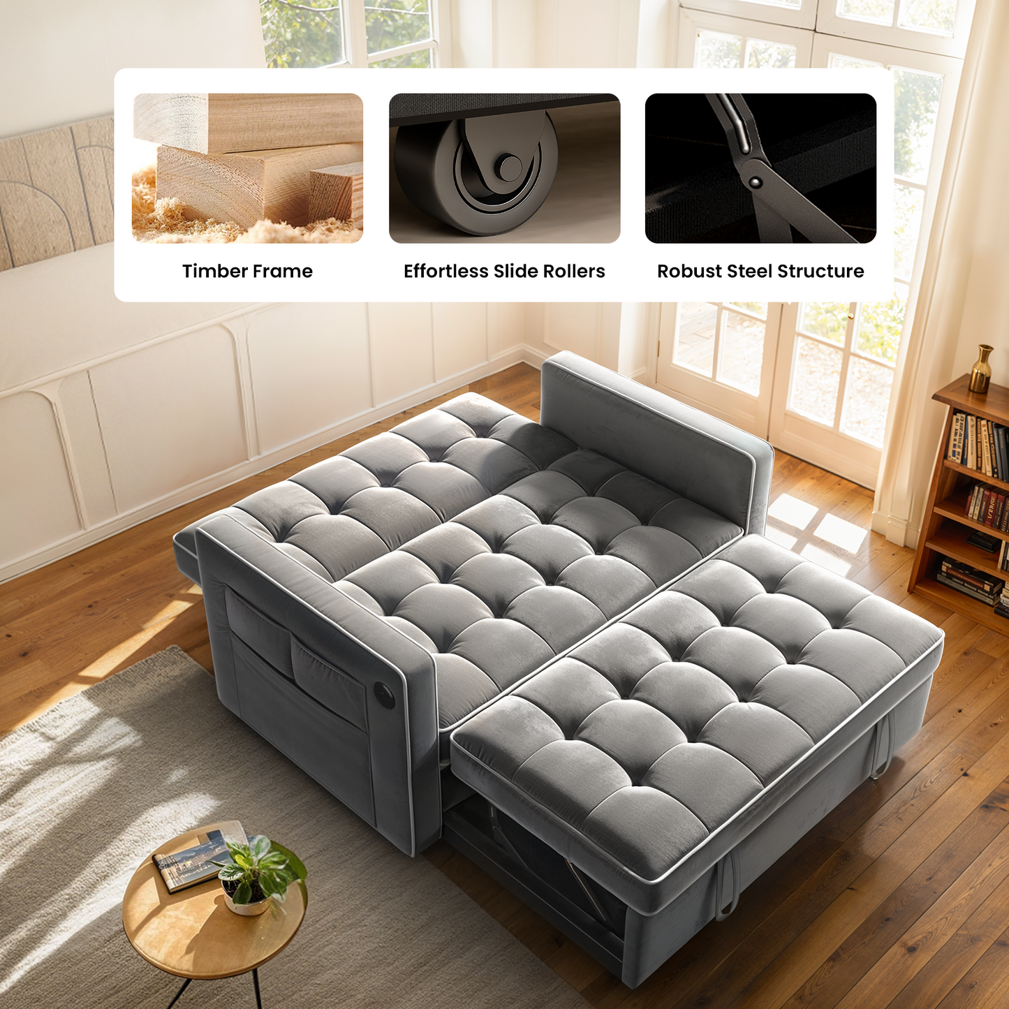 CHITOOMA 3 in 1 Pull Out Sofa Bed with Adjustable Backrest, 70" Convertible Loveseat Sleeper Couch with Charging Port, Side Pockets & Cylinder Pillows for Living Room Apartment, Gray