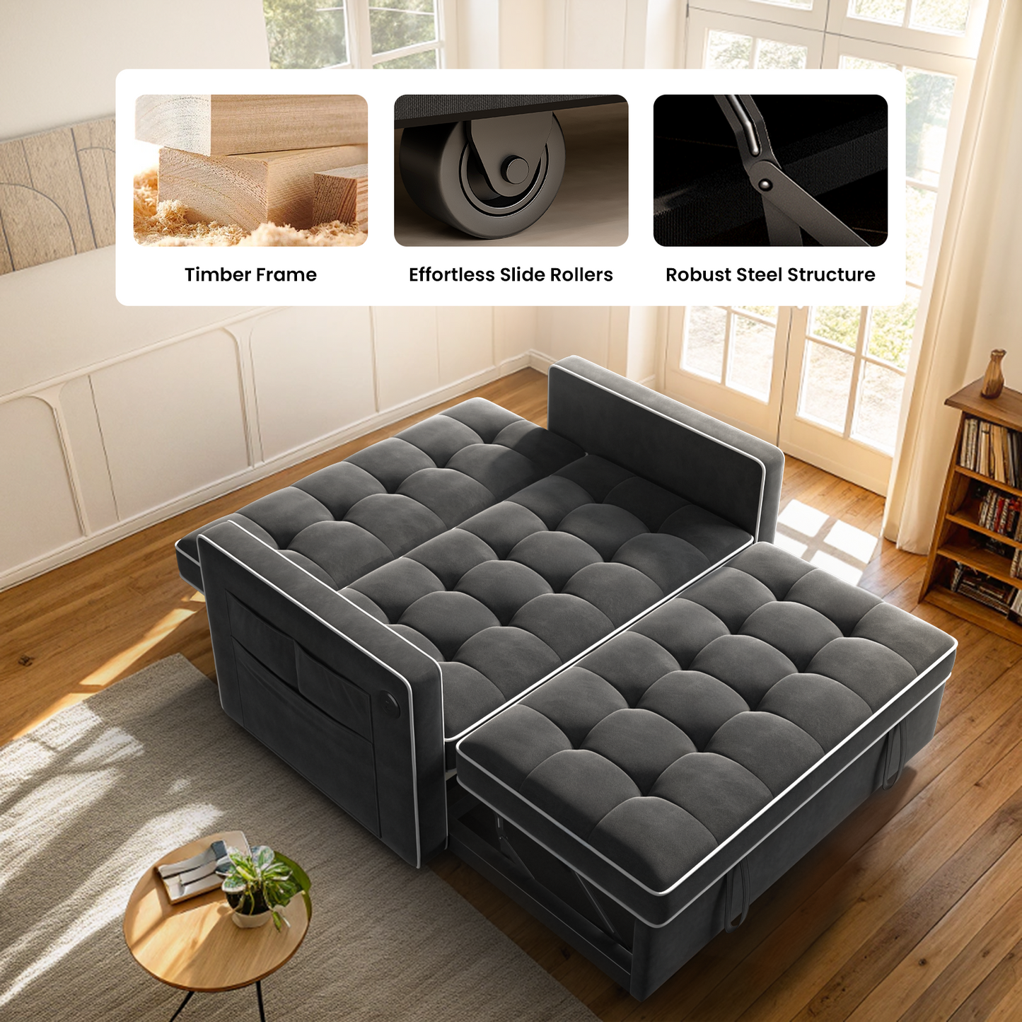 CHITOOMA 3 in 1 Pull Out Sofa Bed with Adjustable Backrest, 70" Convertible Loveseat Sleeper Couch with Charging Port, Side Pockets & Cylinder Pillows for Living Room Apartment, Black
